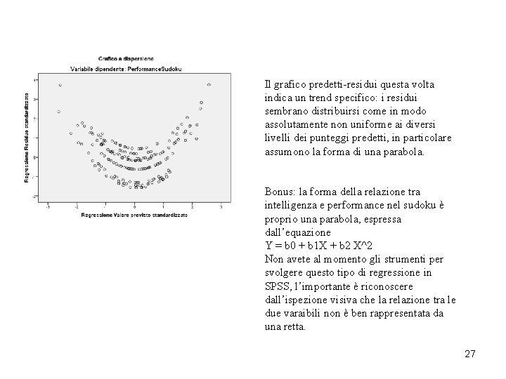 Il grafico predetti-residui questa volta indica un trend specifico: i residui sembrano distribuirsi come