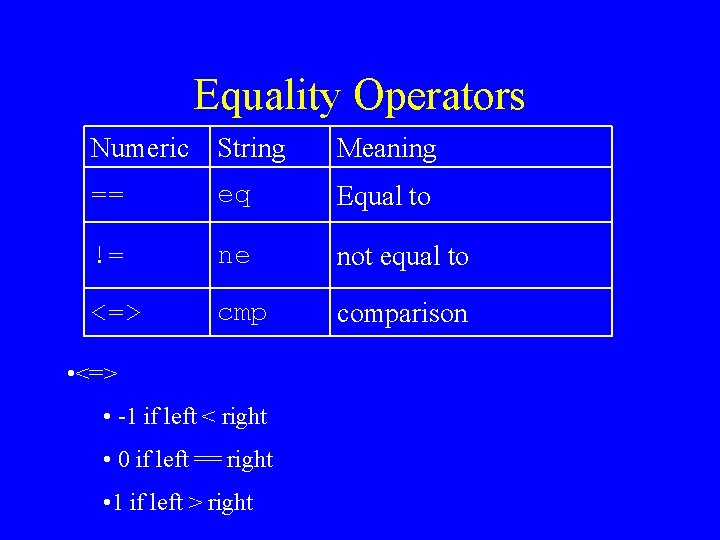 Equality Operators Numeric String Meaning == eq Equal to != ne not equal to