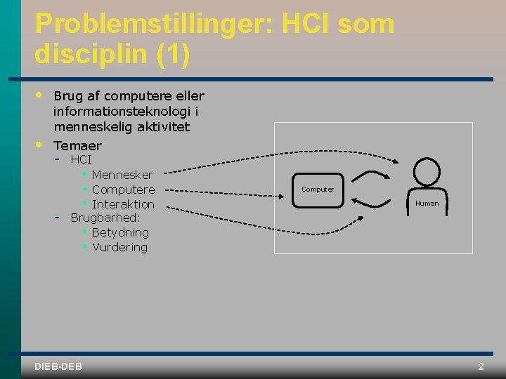 Problemstillinger: HCI som disciplin (1) • • Brug af computere eller informationsteknologi i menneskelig