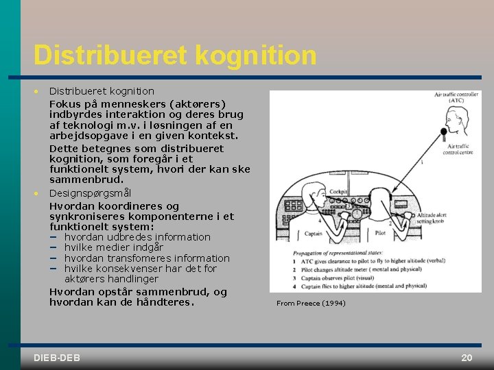 Distribueret kognition • • Distribueret kognition Fokus på menneskers (aktørers) indbyrdes interaktion og deres