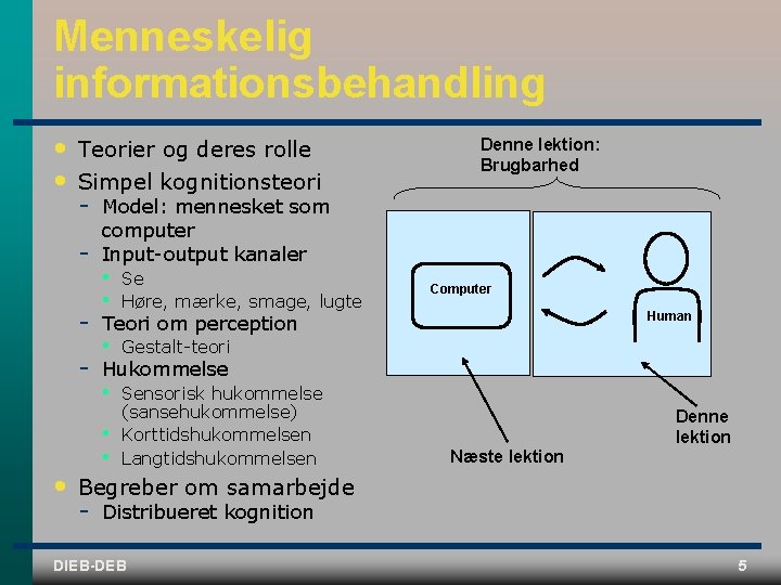 Menneskelig informationsbehandling • • Teorier og deres rolle Simpel kognitionsteori • Model: mennesket som