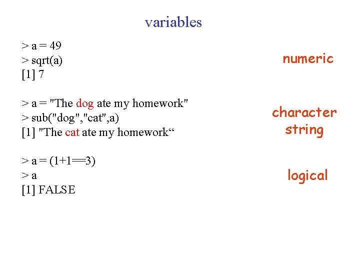 variables > a = 49 > sqrt(a) [1] 7 > a = "The dog