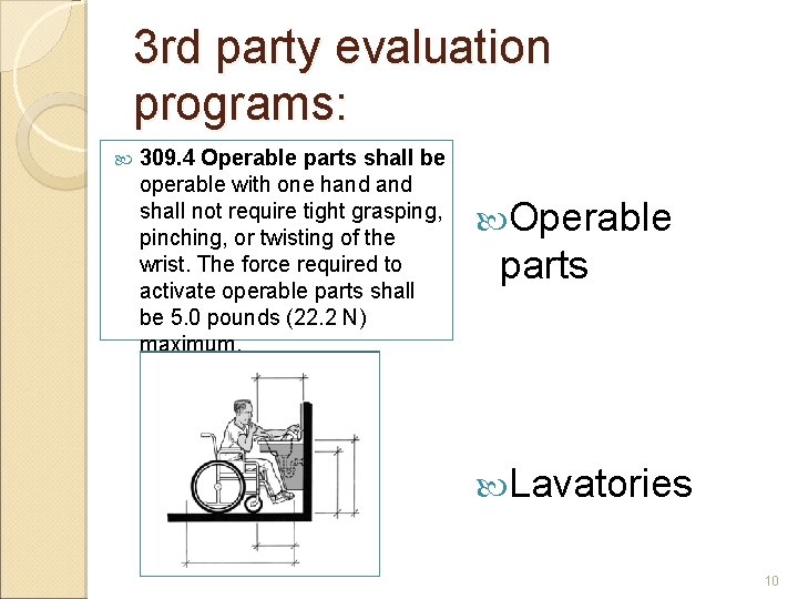 3 rd party evaluation programs: 309. 4 Operable parts shall be operable with one