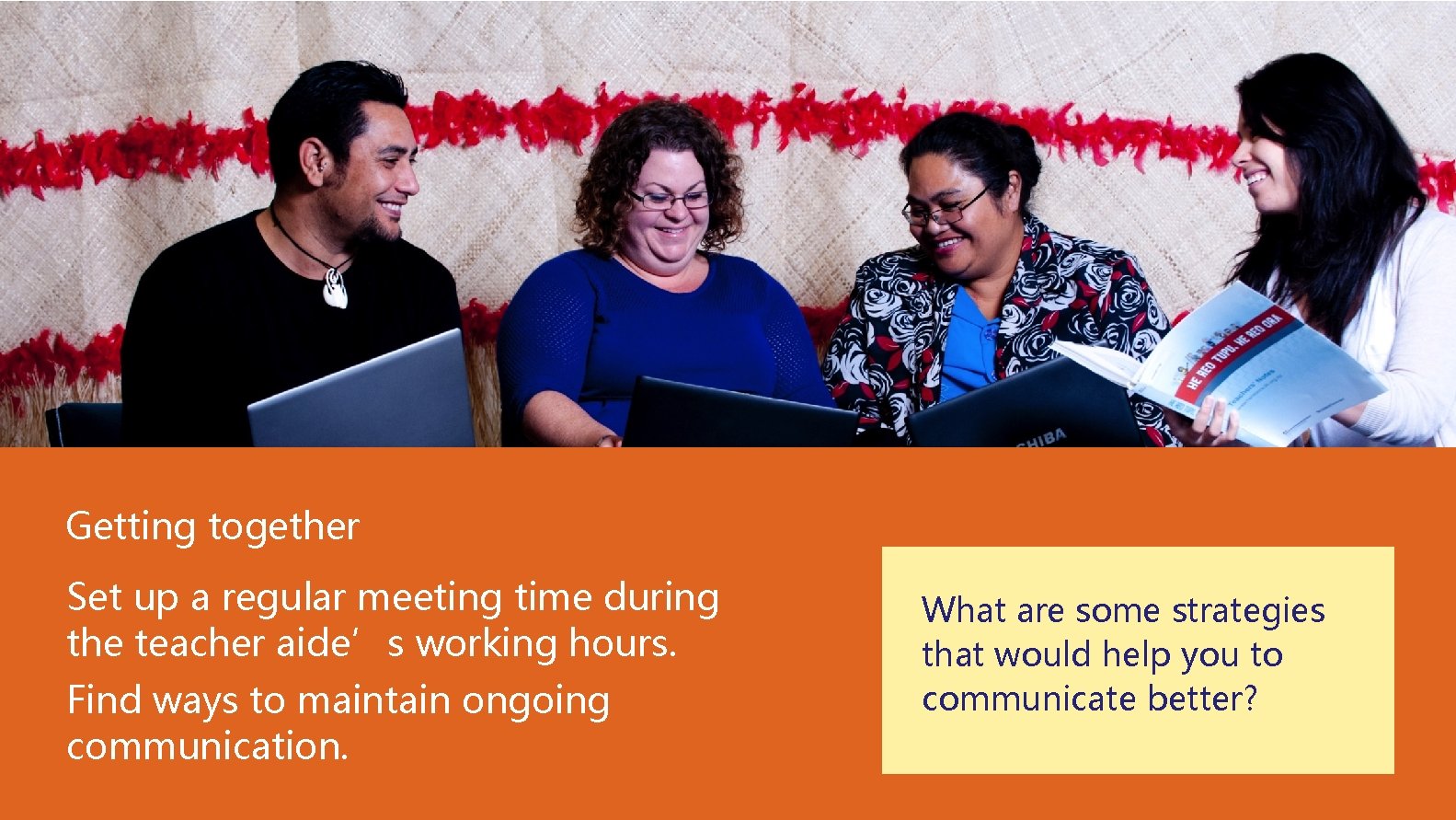 Getting together Set up a regular meeting time during the teacher aide’s working hours.