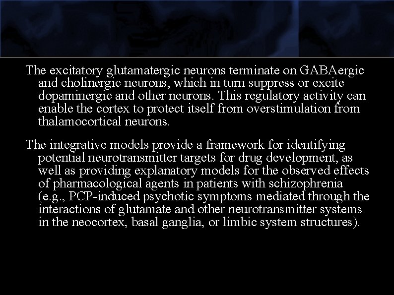 The excitatory glutamatergic neurons terminate on GABAergic and cholinergic neurons, which in turn suppress