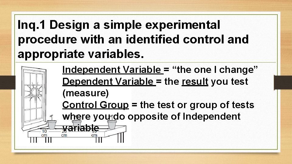 Inq. 1 Design a simple experimental procedure with an identified control and appropriate variables.