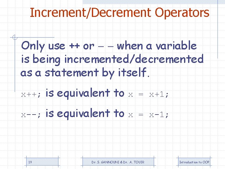 Increment/Decrement Operators Only use ++ or when a variable is being incremented/decremented as a