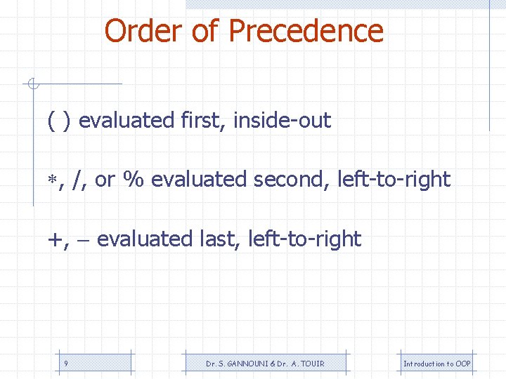 Order of Precedence ( ) evaluated first, inside-out , /, or % evaluated second,
