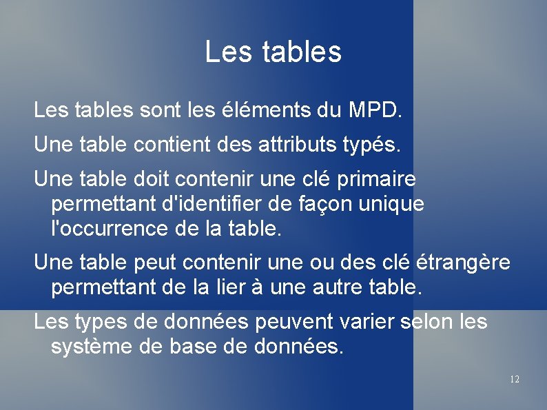 Les tables sont les éléments du MPD. Une table contient des attributs typés. Une