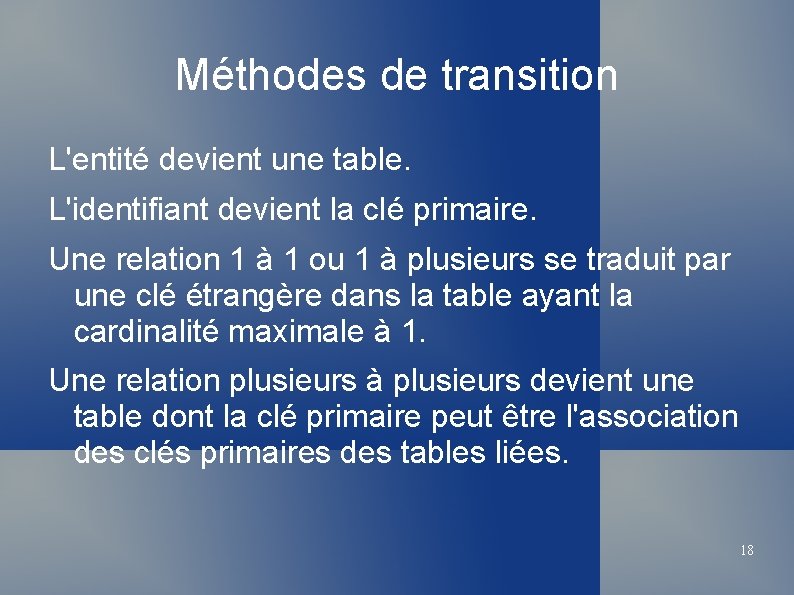 Méthodes de transition L'entité devient une table. L'identifiant devient la clé primaire. Une relation