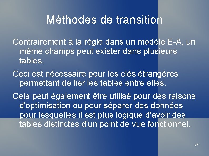 Méthodes de transition Contrairement à la règle dans un modèle E-A, un même champs