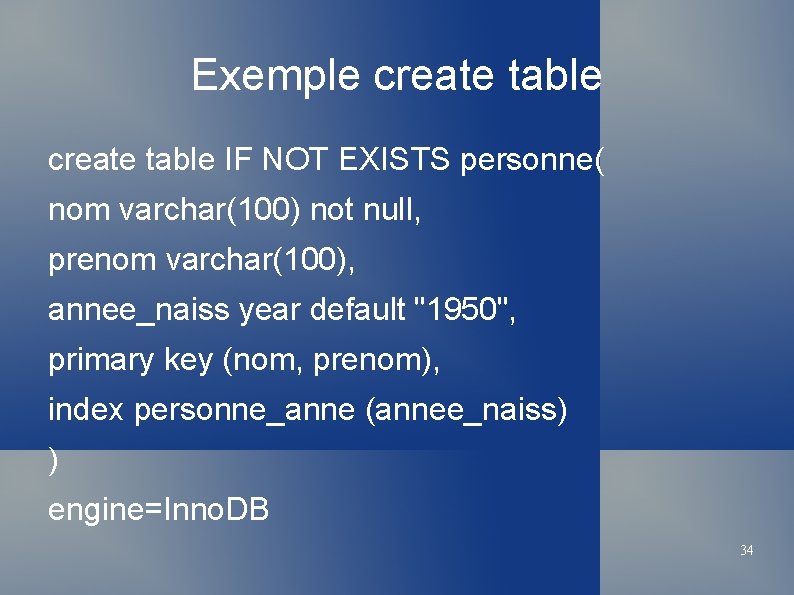 Exemple create table IF NOT EXISTS personne( nom varchar(100) not null, prenom varchar(100), annee_naiss