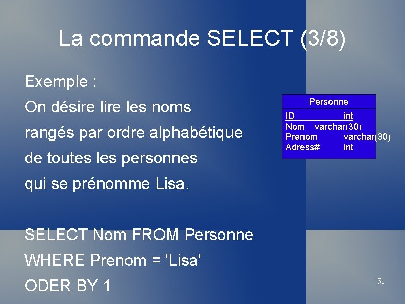 La commande SELECT (3/8) Exemple : On désire les noms rangés par ordre alphabétique