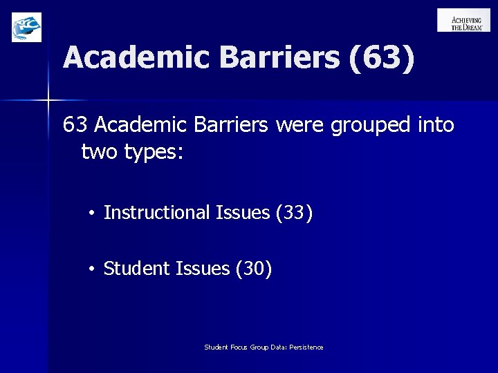 Academic Barriers (63) 63 Academic Barriers were grouped into two types: • Instructional Issues