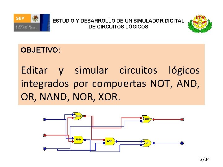 ESTUDIO Y DESARROLLO DE UN SIMULADOR DIGITAL DE CIRCUITOS LÓGICOS OBJETIVO: Editar y simular