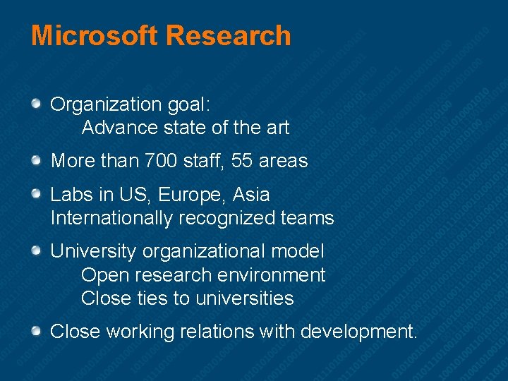 Microsoft Research Organization goal: Advance state of the art More than 700 staff, 55