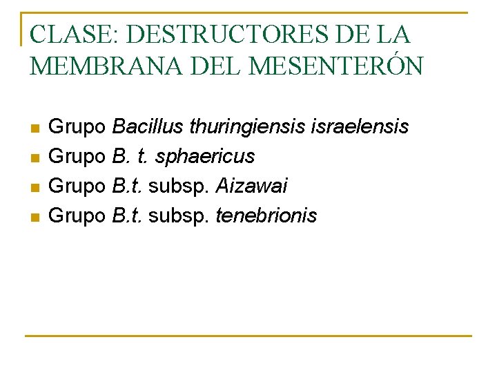 CLASE: DESTRUCTORES DE LA MEMBRANA DEL MESENTERÓN n n Grupo Bacillus thuringiensis israelensis Grupo CLASE: DESTRUCTORES DE LA MEMBRANA DEL MESENTERÓN n n Grupo Bacillus thuringiensis israelensis Grupo