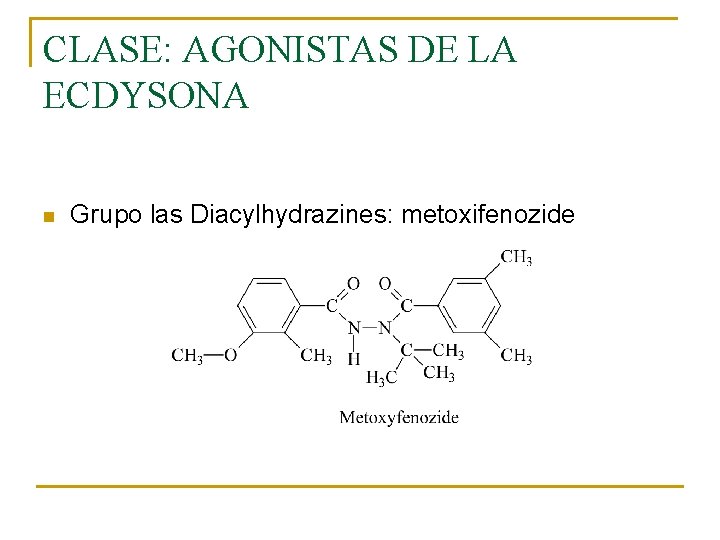 CLASE: AGONISTAS DE LA ECDYSONA n Grupo las Diacylhydrazines: metoxifenozide CLASE: AGONISTAS DE LA ECDYSONA n Grupo las Diacylhydrazines: metoxifenozide