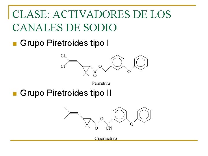 CLASE: ACTIVADORES DE LOS CANALES DE SODIO n Grupo Piretroides tipo II CLASE: ACTIVADORES DE LOS CANALES DE SODIO n Grupo Piretroides tipo II