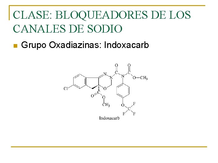 CLASE: BLOQUEADORES DE LOS CANALES DE SODIO n Grupo Oxadiazinas: Indoxacarb CLASE: BLOQUEADORES DE LOS CANALES DE SODIO n Grupo Oxadiazinas: Indoxacarb