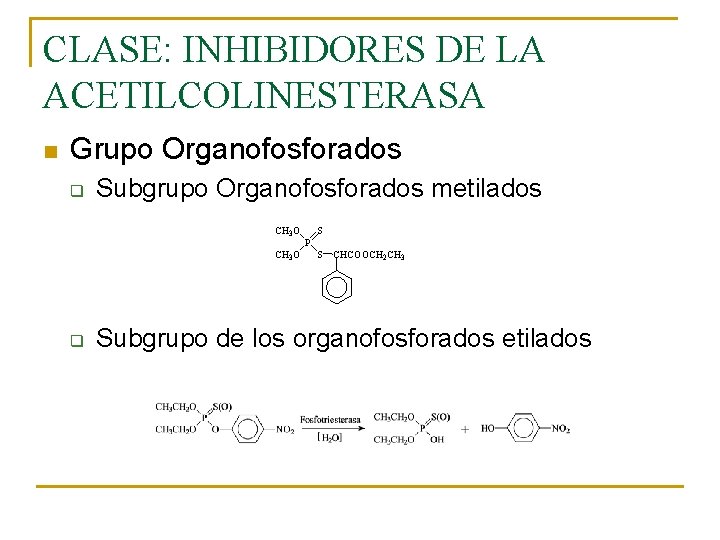 CLASE: INHIBIDORES DE LA ACETILCOLINESTERASA n Grupo Organofosforados q Subgrupo Organofosforados metilados CH 3 CLASE: INHIBIDORES DE LA ACETILCOLINESTERASA n Grupo Organofosforados q Subgrupo Organofosforados metilados CH 3