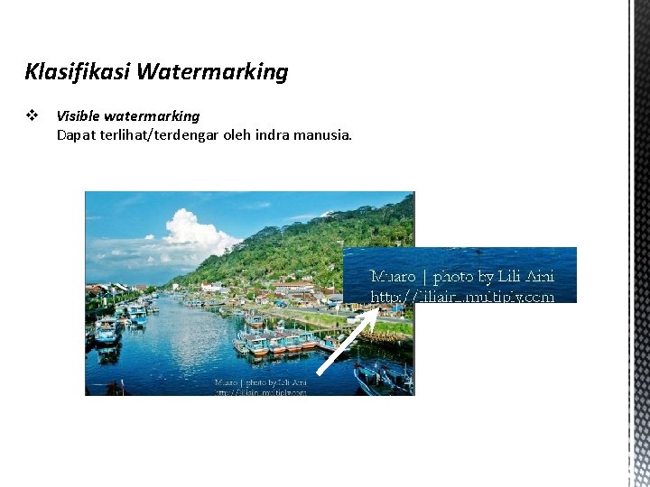 Klasifikasi Watermarking v Visible watermarking Dapat terlihat/terdengar oleh indra manusia. 