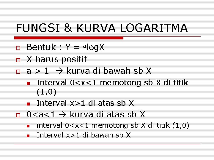FUNGSI & KURVA LOGARITMA o o o Bentuk : Y = alog. X X