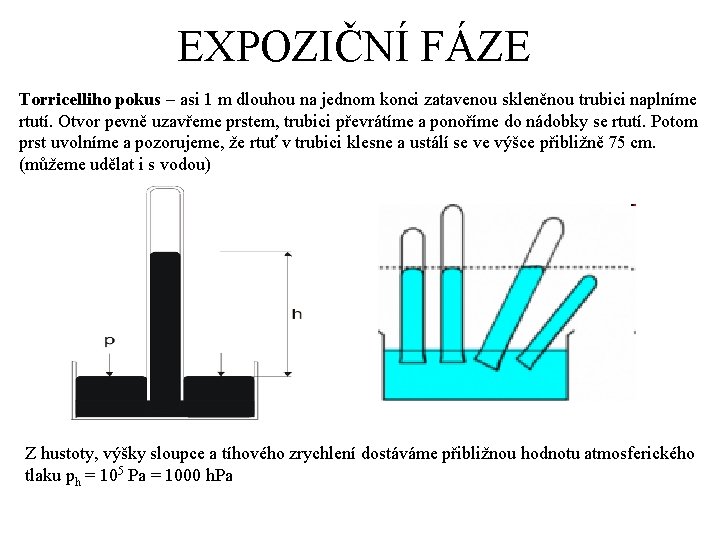 EXPOZIČNÍ FÁZE Torricelliho pokus – asi 1 m dlouhou na jednom konci zatavenou skleněnou