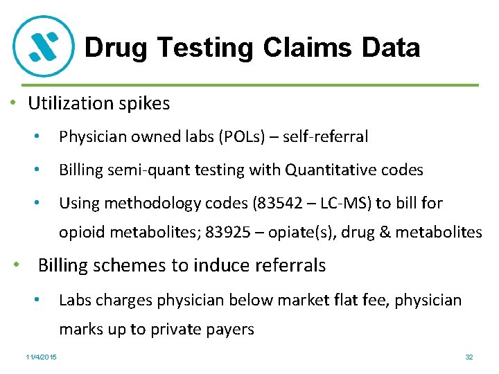 Drug Testing Claims Data • Utilization spikes • Physician owned labs (POLs) – self-referral