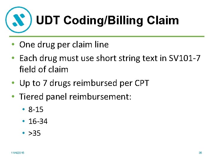 UDT Coding/Billing Claim • One drug per claim line • Each drug must use