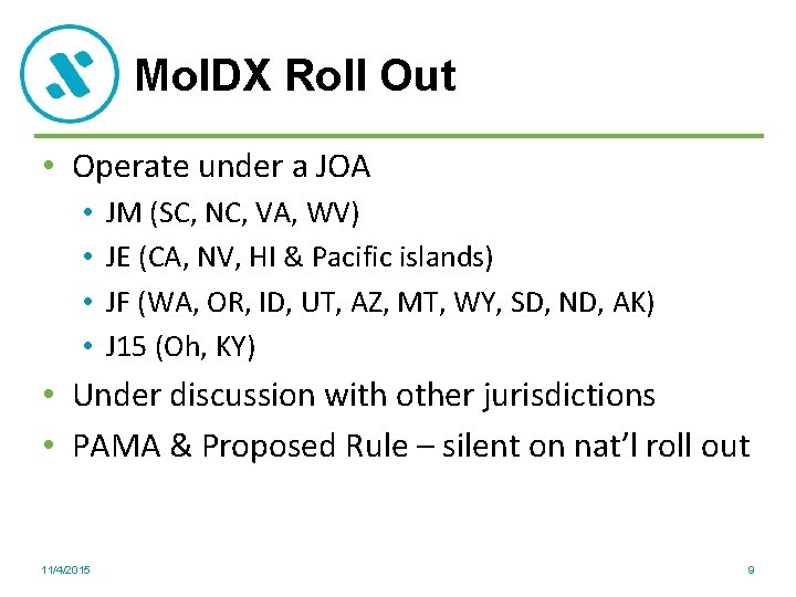 Mol. DX Roll Out • Operate under a JOA • • JM (SC, NC,