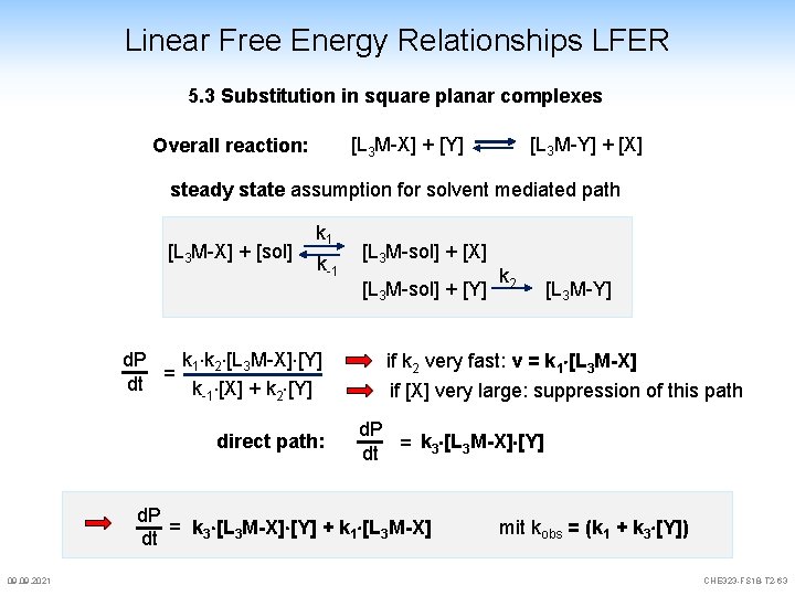 Linear Free Energy Relationships LFER 5. 3 Substitution in square planar complexes [L 3 Linear Free Energy Relationships LFER 5. 3 Substitution in square planar complexes [L 3