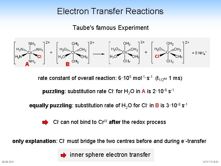 Electron Transfer Reactions Taube's famous Experiment A B rate constant of overall reaction: 6· Electron Transfer Reactions Taube's famous Experiment A B rate constant of overall reaction: 6·