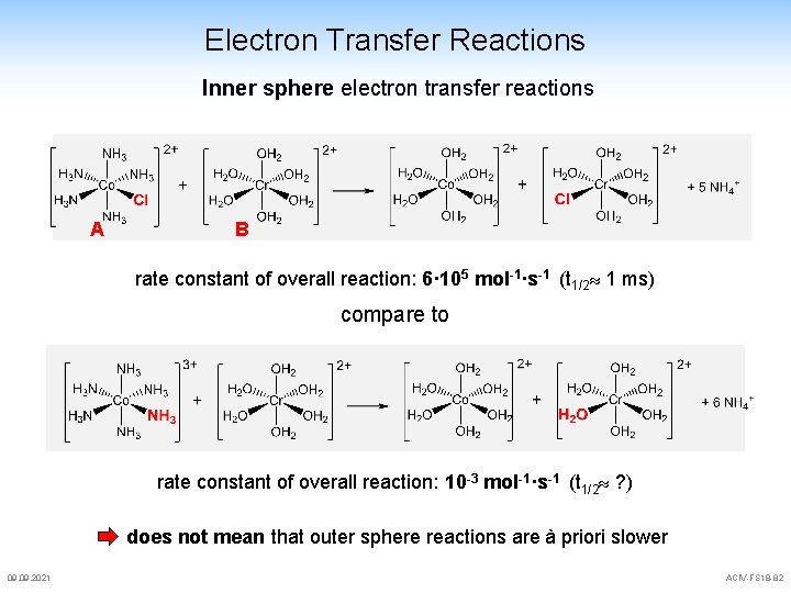 Electron Transfer Reactions Inner sphere electron transfer reactions A B rate constant of overall Electron Transfer Reactions Inner sphere electron transfer reactions A B rate constant of overall