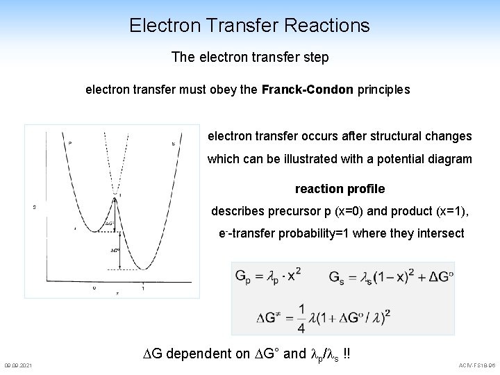 Electron Transfer Reactions The electron transfer step electron transfer must obey the Franck-Condon principles Electron Transfer Reactions The electron transfer step electron transfer must obey the Franck-Condon principles