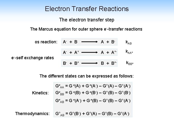 Electron Transfer Reactions The electron transfer step The Marcus equation for outer sphere e--transfer Electron Transfer Reactions The electron transfer step The Marcus equation for outer sphere e--transfer