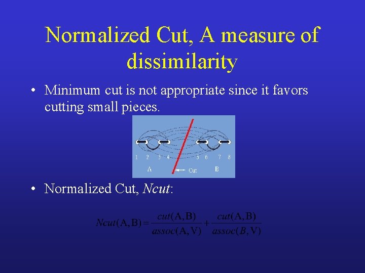 Normalized Cut, A measure of dissimilarity • Minimum cut is not appropriate since it