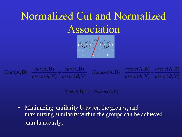 Normalized Cut and Normalized Association • Minimizing similarity between the groups, and maximizing similarity