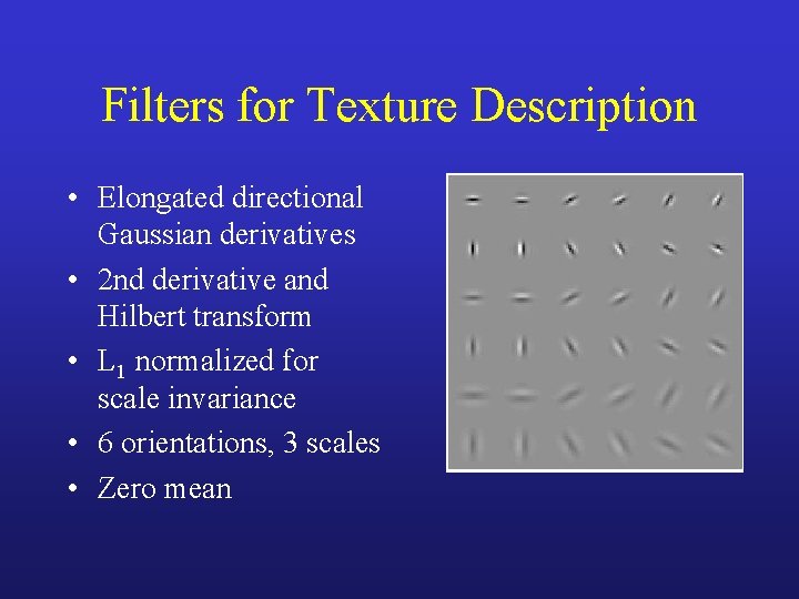 Filters for Texture Description • Elongated directional Gaussian derivatives • 2 nd derivative and