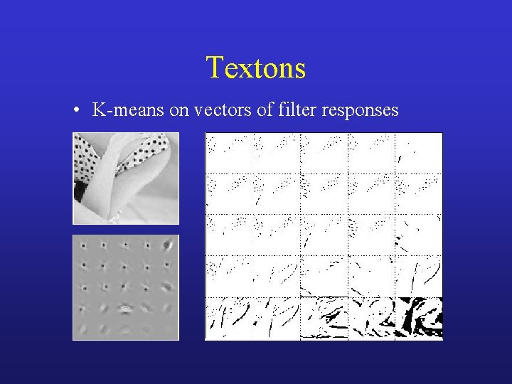 Textons • K-means on vectors of filter responses 
