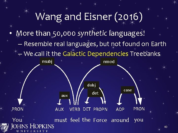 Wang and Eisner (2016) • More than 50, 000 synthetic languages! – Resemble real