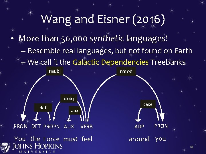 Wang and Eisner (2016) • More than 50, 000 synthetic languages! – Resemble real