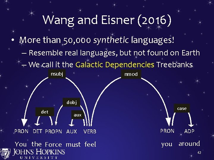Wang and Eisner (2016) • More than 50, 000 synthetic languages! – Resemble real