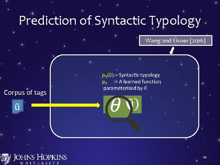 Prediction of Syntactic Typology Wang and Eisner (2016) Corpus of tags ũ S →