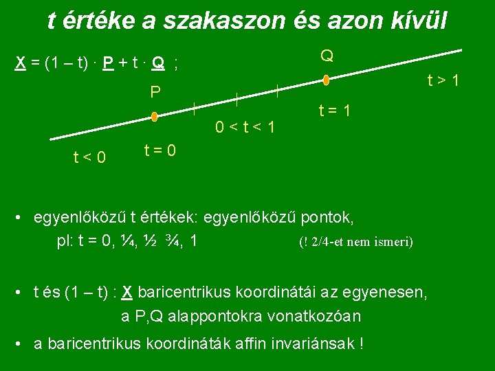 t értéke a szakaszon és azon kívül Q X = (1 – t) ·