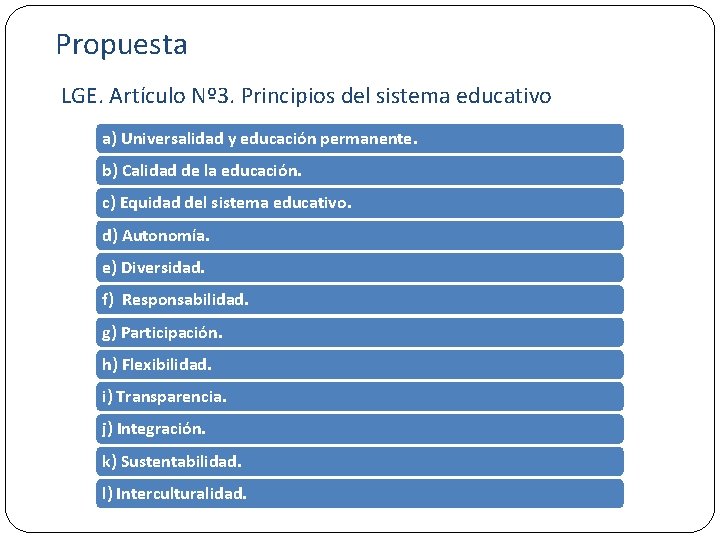 Propuesta LGE. Artículo Nº 3. Principios del sistema educativo Complejidad y diversidad a) Universalidad