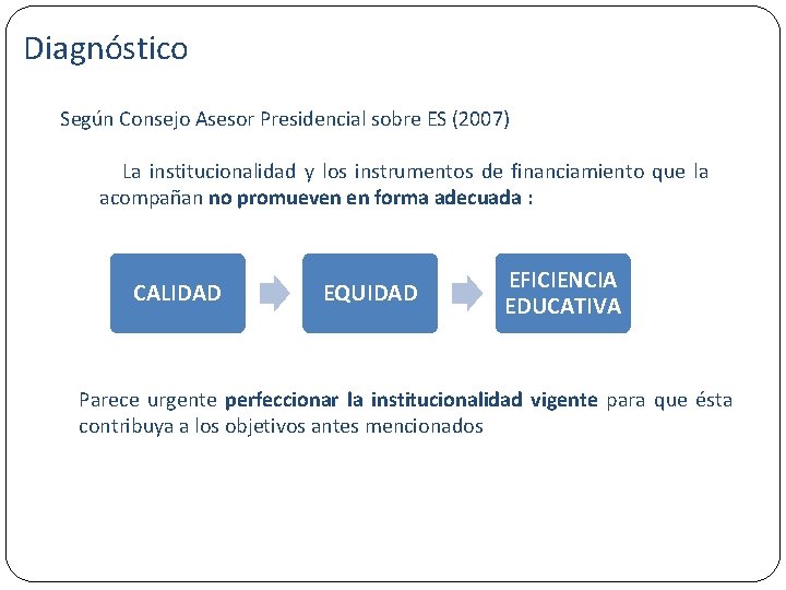 Diagnóstico Relevancia actual debate Según Consejo Asesor Presidencial sobre ES (2007) La institucionalidad y