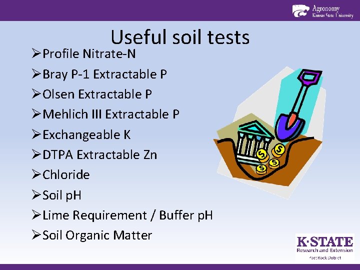 Useful soil tests ØProfile Nitrate-N ØBray P-1 Extractable P ØOlsen Extractable P ØMehlich III