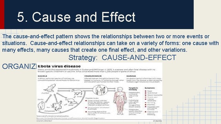 5. Cause and Effect The cause-and-effect pattern shows the relationships between two or more