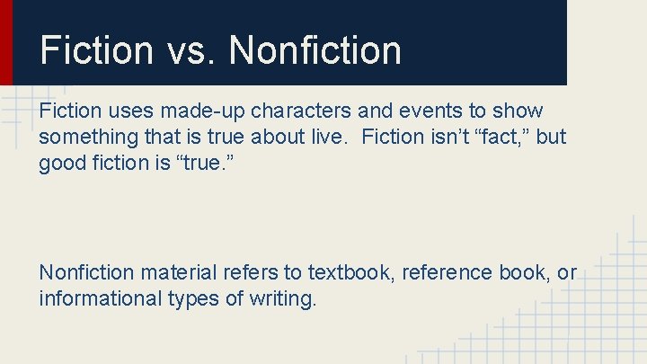 Fiction vs. Nonfiction Fiction uses made-up characters and events to show something that is